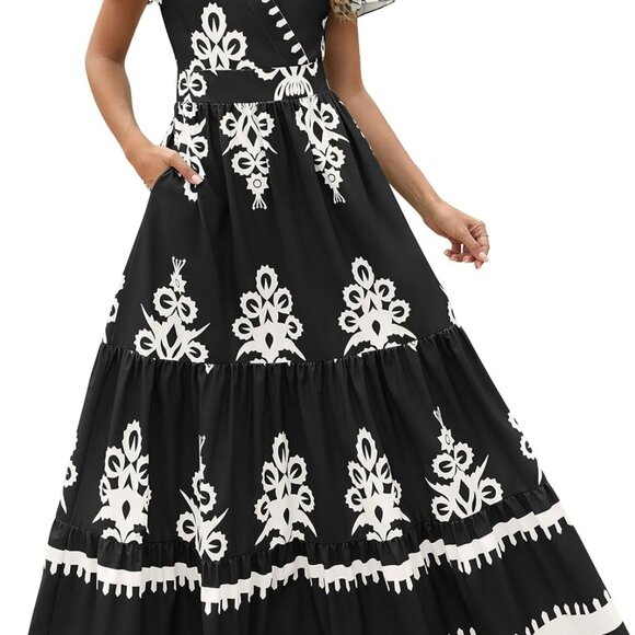 Women's Summer Boho Maxi Dress V-Neck Floral Flowy A-Line Pockets - Picture 2 of 9